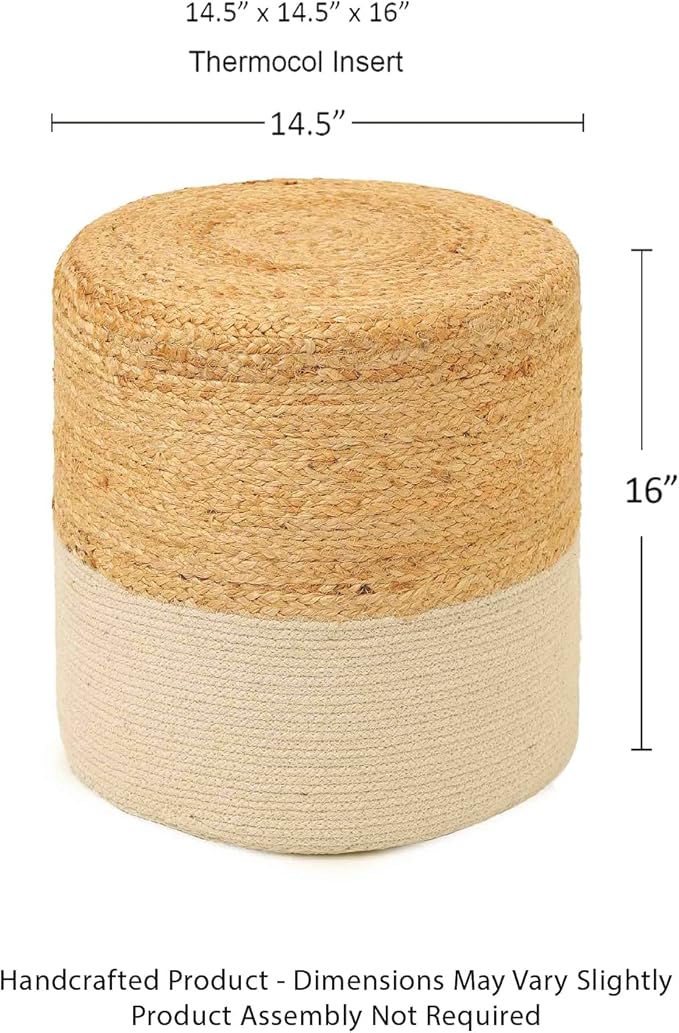 REDEARTH · Cylindrical Pouf Foot Stool Ottoman - Jute Braided Accent Sitting Footrest for The Living Room, Bedroom, Nursery, Patio, Lounge & Other Rooms in The Home (14.5”X14.5”X16”; Natural Ivory)