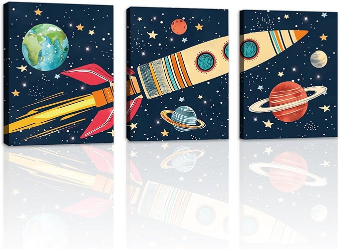 KAIRNE Rocket Outer Space Decor,Solar System Wall Art,The Planets Hanging Decor,Rocket Artwork Paintings out of space decor for Boys Bedroom Toddler Kids Room Classroom Decoration