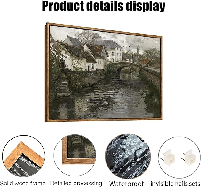 OIQArtOIQ Vintage Landscape Canvas Wall Art Framed Natural Scenery Painting Artwork Prints France Country Wilderness Farmhouse Decor Pictures Kitchen Bedroom Living Room Bathroom