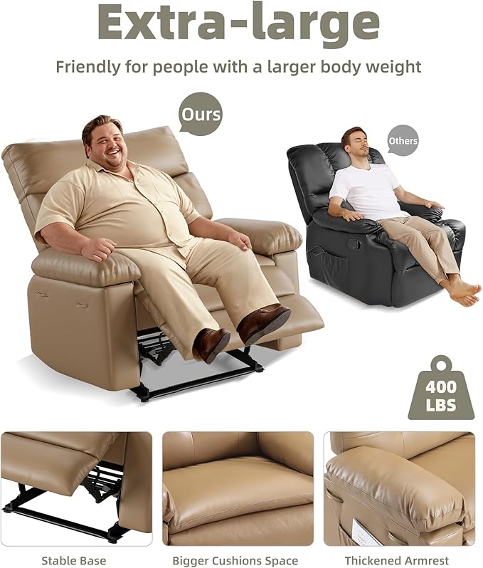 GarveeHome Oversized Leather Recliner Chair, Extra Wide Manual Recliner for Adults, Lazy Chair with 1.5X Sponge Comfort Arm and Back for Living Room, Bedroom, Nursing Room