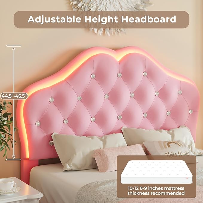 BTHFST Twin Size Upholstered Bed Frame with LED Lights, Princess Platform Bed for Girls, Adjustable Headboard with Crystal Button, Solid Wood Slats Support, No Box Spring Needed, Pink