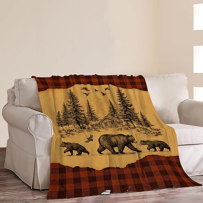 Bear Blanket Rustic Cabin Country Bear Hunting Throw Blanket Soft Cozy Fleece Fuzzy Plush Warm Stuff Bedding Wild Animal Blankets Gifts for Boys Girls Kids Adult Men Women 50"X60"
