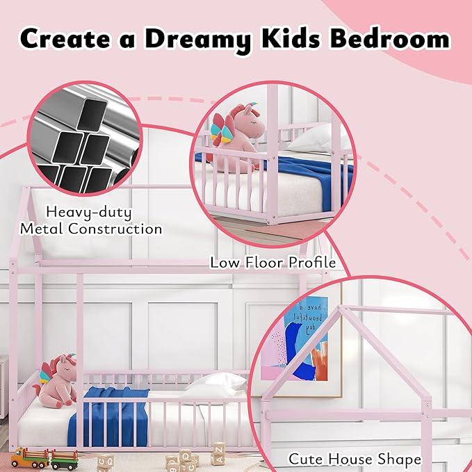 Bellemave Full Size Montessori Floor Bed, Metal House Bed Framefor Kids, Montessori Floor Beds with Fence, Playhouse for Kids, Pink