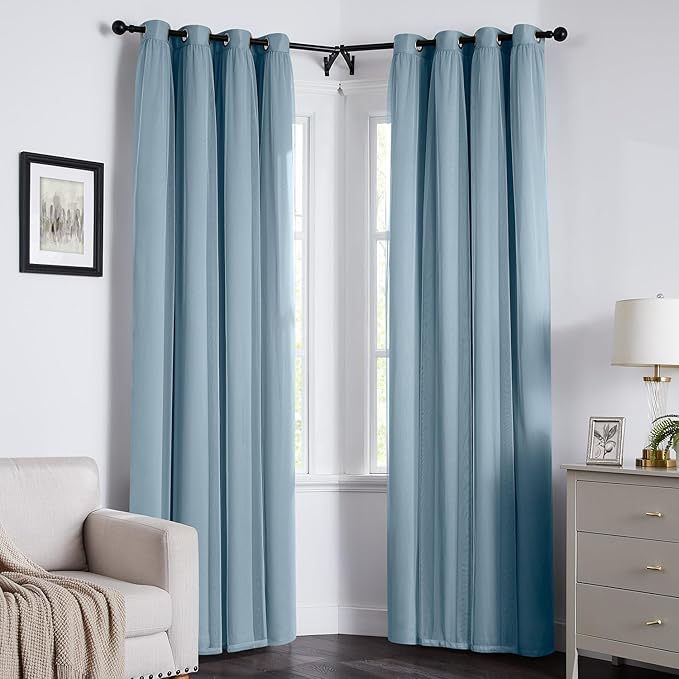 100% Blackout Curtains for Bedroom, Double Layer Blue Curtains, Black Out Curtain 84 inch Long with Sheer Overlay for Living Room, Room Darkening Window Drapes with Grommet, 52" W x 84" L