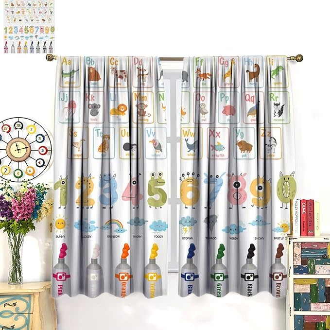 Alphabet Learning Curtain for Kids, Colorful Cartoon Animal Multiplication Table Educational, Classroom Child Printed Rod Pocket Blackout Window Drapes for Bedroom Living Room 72" W X 63" L
