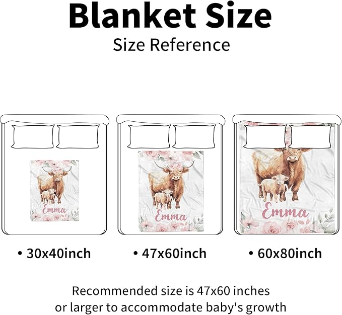 Personalized Baby Blankets for Boys Girls, Custom Name Pink Highland Cow Baby Blanket, Soft Receiving Blanket for Newborns and Toddlers, Ideal for Baby Showers and Nursery Decor