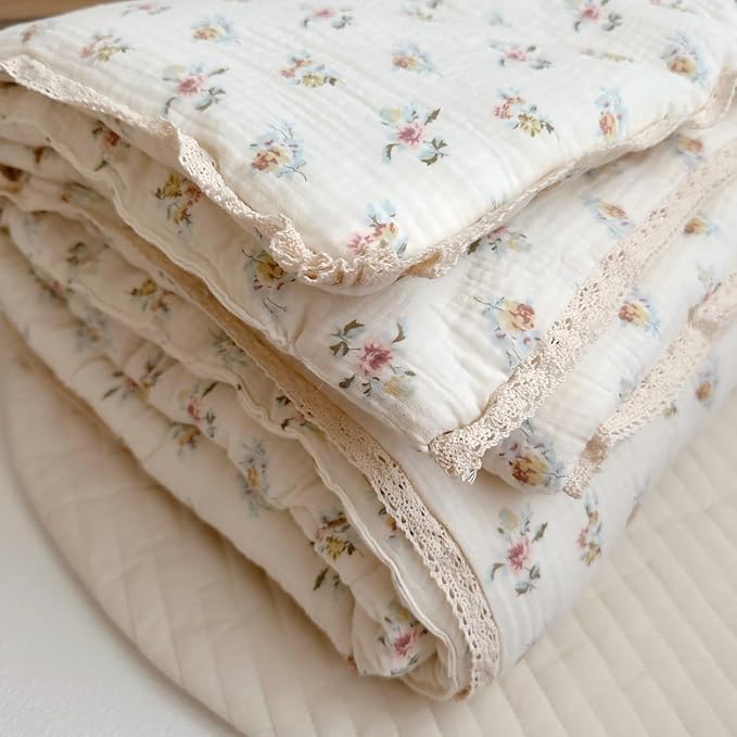 BuLuTu Kids Blanket Cotton Toddler Quilt Muslin Blankets, Reversible Floral Baby Blanket for Girls Boys Crib Comforter Baby Quilt for Toddler Bed, Azalea Pattern, 60x78 Inches