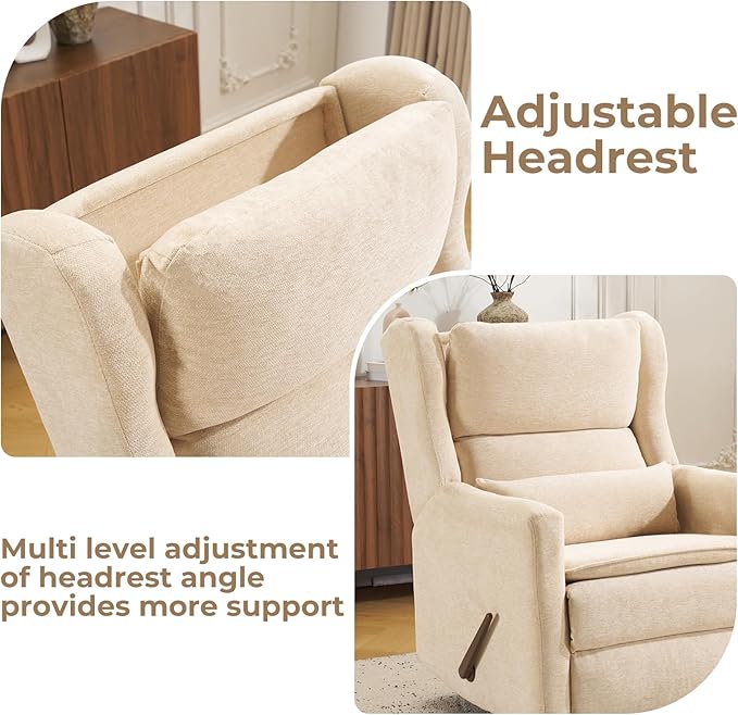 Swivel Rocker Recliner Chair,Comfy Glider Rocker Recliner with Adjustable Headrest,Rocking Chair Nursery for Living Room & Bedroom,Chenille,Beige
