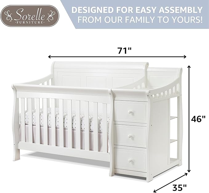 Sorelle Furniture Princeton Elite Crib and Changer with Solid Panel Back Classic -in- Convertible Diaper Changing Table Non-Toxic Finish Wooden Baby Bed Toddler Full-Size Nursery - White