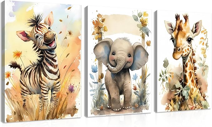 Woodland Animal Wall Art Set of 3, Wild Animals Nursery Picture Wall Decor Canvas, Cute Giraffe Elephant Zebra Watercolor Poster Print Artwork for Boys Girls Room Decoration – 16x24 inch