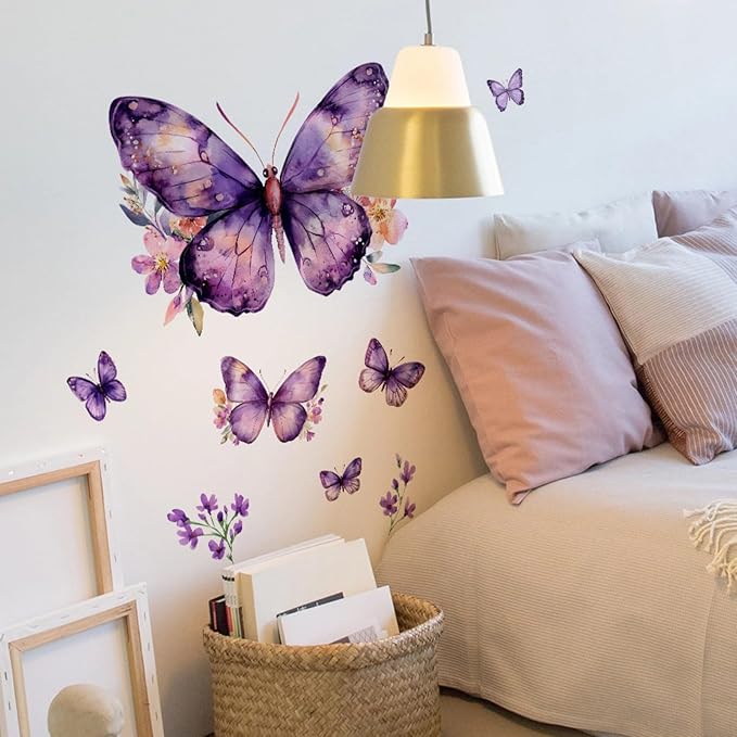 Purple Butterflies Wall Stickers Pink Flower Wall Decals, Removable Peel and Stick Wall Art Murals for Girls & Boys Bedroom,Nursery Bathroom Playroom Living Room