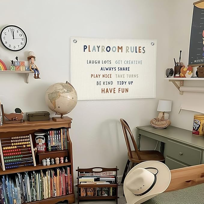 Lacama Play Room Wall Decor Rules Linen Banner, Kids PlayRoom Decor for Kids Nursery Home School, Nursery Wall Decor Toddler Boys, 30x20