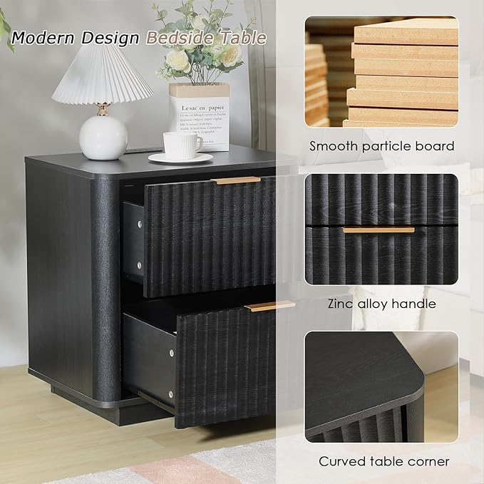 Fluted Nightstand with Charging Station, 23" Night Stands with 2 Drawers, Wood End Table with Storage, Black Bedside Cabinet for Bedroom
