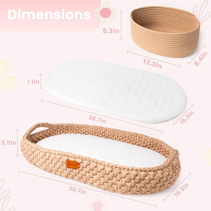 Handmade Baby Changing Basket Set with a Soft Changing Pad and Waterproof Cover,Diaper Organizer,Rattle Shaker, Moses Basket, Changing Table Topper for Dresser| Boho Bassinet, Handmade Crochet Basket