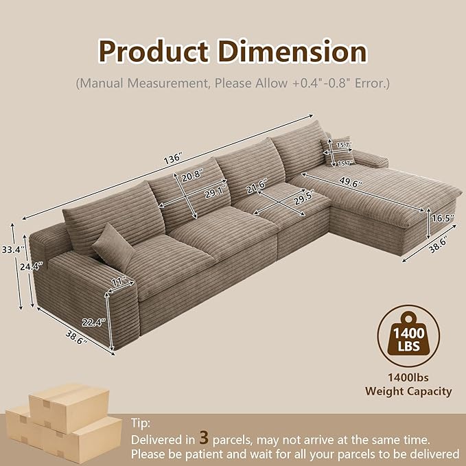 Cloud Sectional Couch,136 Inch Modular Sectional Sofa with Deep Seat, Modern Corduroy Boneless Couches with L-Shape Chaise for Living Room Bedroom, No Assembly Required (Camel, Right Facing Chaise)