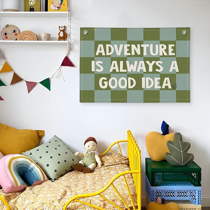Adventure Camp Banner, Sage Green Boys Room Playroom Decor, Wall Hanging Canvas Banner Flag Decor for Toddler Boy Room Nursery