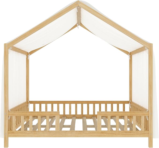 Montessori Floor Bed with Canopy, High Railings and Roof, Full Size Wood House Bed Frame for Kids Bedroom (Natural/C)