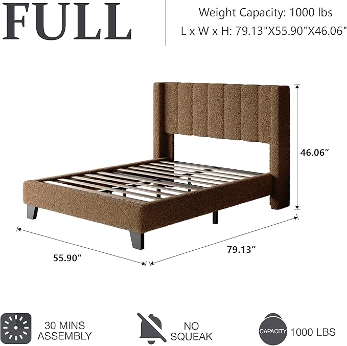 Full Bed Frame with Headboard Upholstered Platform Bed Frame with Teddy Velvet Headboard, Wooden Slats Support/Wing Edge Design/No Box Spring Needed/Easy Assembly, Camle