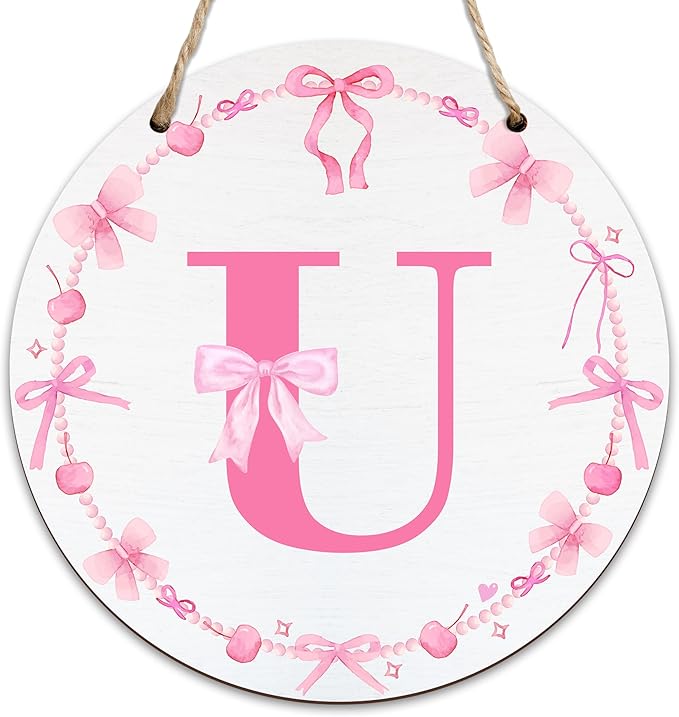 Monogram Round Sign For Front Door, Cherry Bow Theme Sign For Porch Art Wall Door, Initial Signs Hanging Ornament For Indoor Outdoor, Decorations Gifts For Four Seasons Rustic Home Kitchen, U, A21