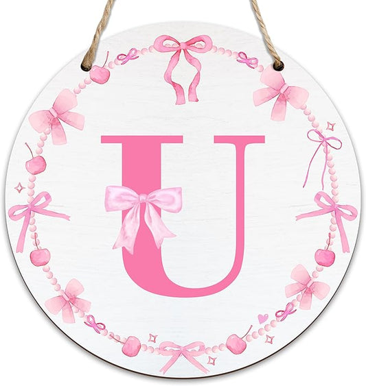 Monogram Round Sign For Front Door, Cherry Bow Theme Sign For Porch Art Wall Door, Initial Signs Hanging Ornament For Indoor Outdoor, Decorations Gifts For Four Seasons Rustic Home Kitchen, U, A21