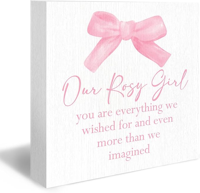 Coquette Bow Our Girl Nursery Wood Box Sign - Baby Girl Nursery Desk Shelf Decor, Pink Coquette Room Decor, Pink Inspirational Wooden Block Plaque Box Sign for Girls Room Dorm Decorations
