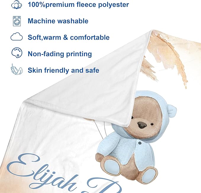 J&SBGFT Personalized Baby Blanket for Boys, Custom Name Blanket for Toddlers Kids Nursery Stroller Crib Decor Throw, 30"x40", Color 10