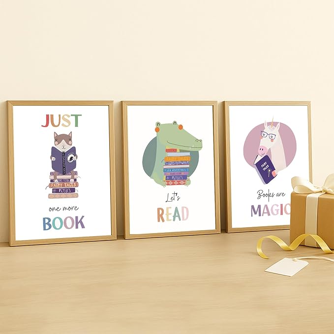 3Pcs Kids Reading Wall Art Children’s Educational Wall Decor Nursery Classroom Painting Cute Animal read Pictures Reading Corner Prints for Children’s Library Kids Room 16x24 Unframed Posters
