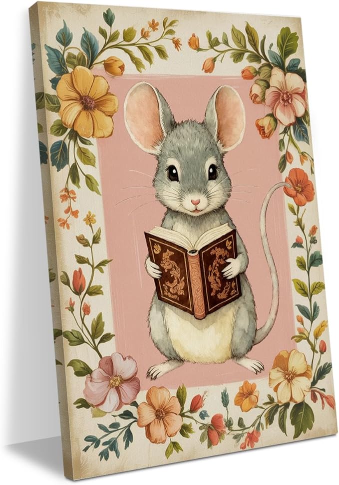 Cute Mouse Reading Book Lovers Gifts Nursery Animal Decor Wall Decor Canvas Wall Art Framed Artwork Bookworm Posters Painting for Home Library Office Study Bedroom Nursery Decorations 11.5X14.5 Inch