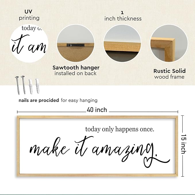 YWJKWLGS Inspirational Quotes for Home office Wall Decor 40x15 Inch Motivational Wall Art Today Only Happens Once Make It Amazing Sign Living Room Large positive Wood Framed Hanging (Wood)