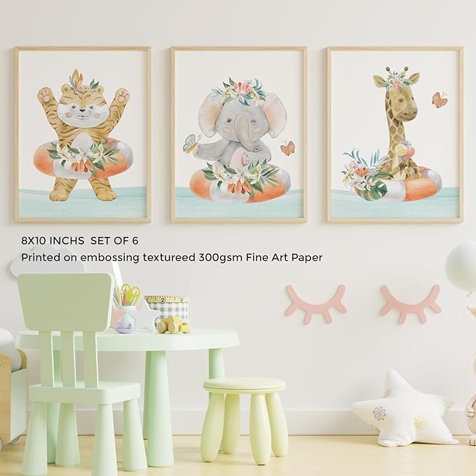 Safari Animal Nursery Decor Prints - Set of 6 Watercolor Sea - Gift Jungle Designs Baby Room 8X10 Unframed