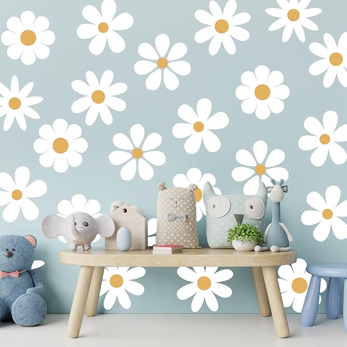 TaoBary 12 Sheets Daisy Wall Decal Flower Wall Sticker Cute Daisy Sticker Pink White Flower Decal Peel and Stick Floral Wallpaper for Nursery Bedroom Home Decor(White, Yellow,Novelty Style)