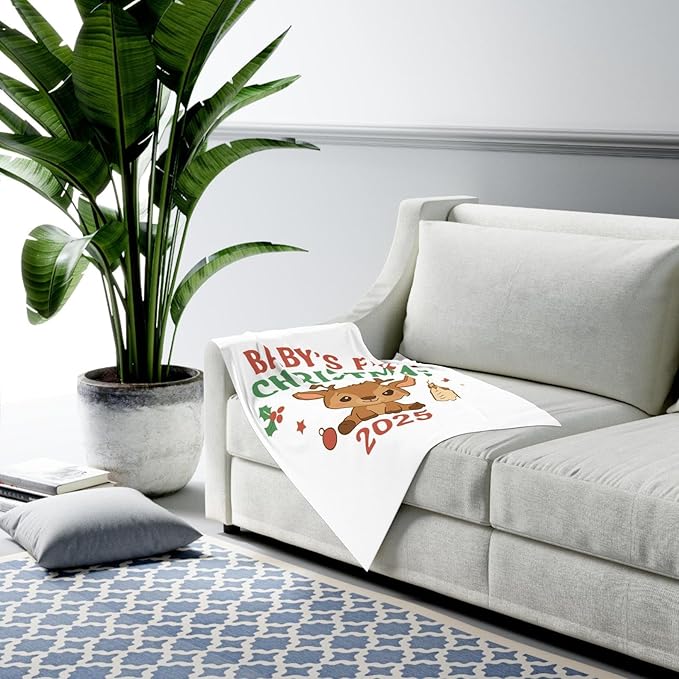 Personalized Baby's First Christmas Blanket, Custom Smiling Reindeer Baby Name Christmas Blanket, Soft Fleece Or Sherpa Throw, Baby Shower, Made in USA