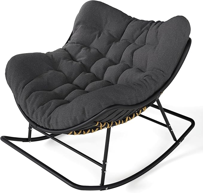 SWITTE Outdoor Papasan Rocking Chair, Oversized Egg Lounge Chair with Thick Cushion, Supports 450 lbs, Comfy Rocker for Patio, Balcony, Porch, or Indoor Living Room-Dark Grey