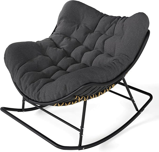 SWITTE Outdoor Papasan Rocking Chair, Oversized Egg Lounge Chair with Thick Cushion, Supports 450 lbs, Comfy Rocker for Patio, Balcony, Porch, or Indoor Living Room-Dark Grey