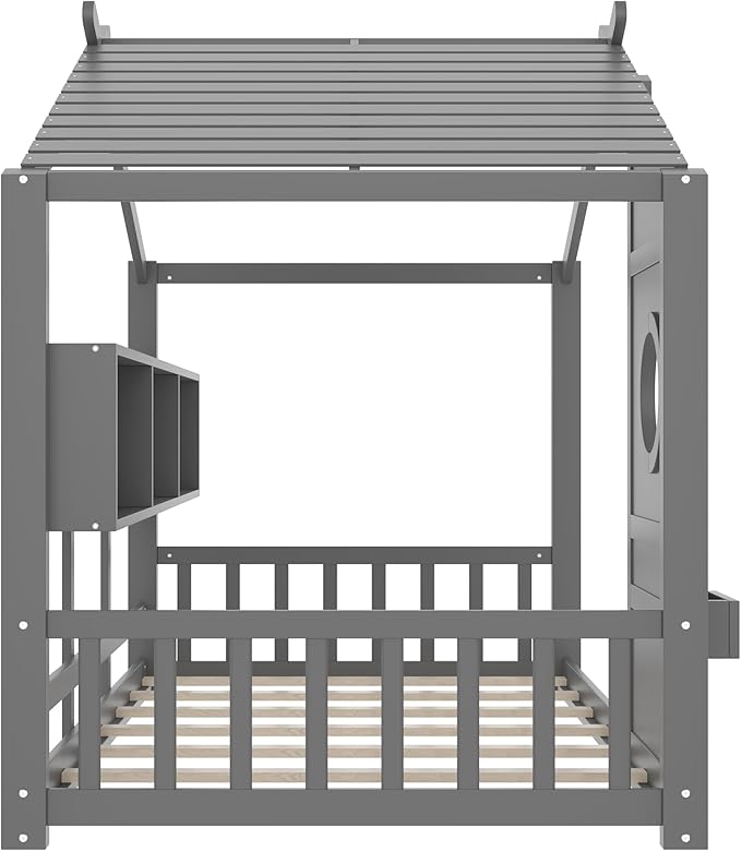 Merax Wood Floor House Bed with Storage Shelves, Twin Size Low Day Bed with Headboard & Wood Slat Support, No Box Spring Needed, Gray
