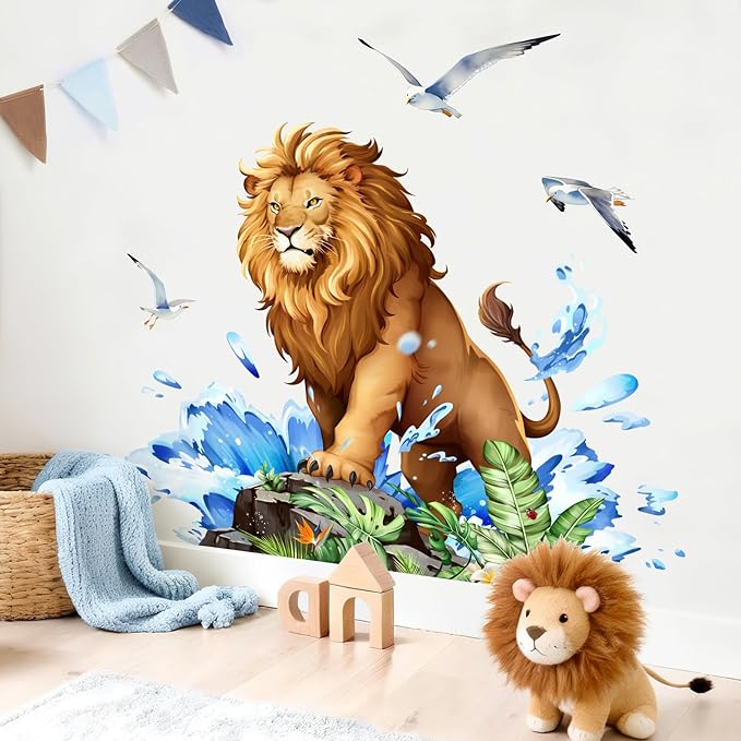 Tanlaby Lion Wall Decals Jungle Animal Wall Sticker with Leaves Waves Seagulls Peel and Stick Tropical Safari Animals Art Decor for Baby Nursery Boy Kids Toddler Bedroom Playroom