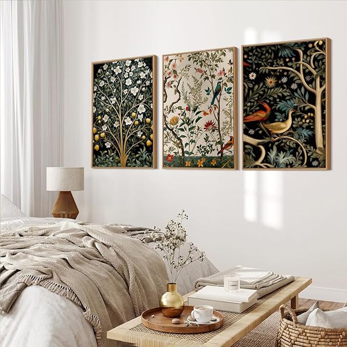MTFBWY Vintage Botanical Wall Art Set of 3 – Framed Bird and Flower Canvas Modern Art Prints, Nature Tree Triptych Painting, Whimsical Gallery Wall Decor for Living Room Bedroom Office, 16L x 12W