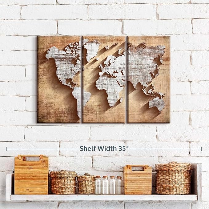 ElephantStock Dimensional World Map II Multi Piece Canvas - 3 Piece Canvas World Map Wall Decor - Wall Decor, Ready-to-Hang Print - Vintage Wall Art - 23" X 14"