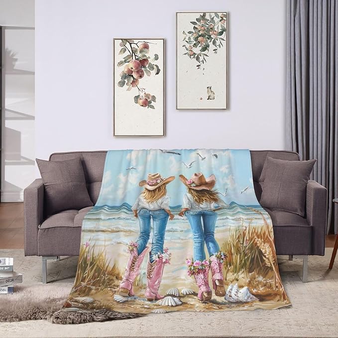 Coastal Cowgirl Blanket Cowgirl Beach Decor Throw Blanket Super Soft Flannel Lightweight Fluffy Plush Fuzzy Fleece Western Blanket Gifts for Girl Woman Boys Kids Adults Man for Bed Sofa 60"X80"