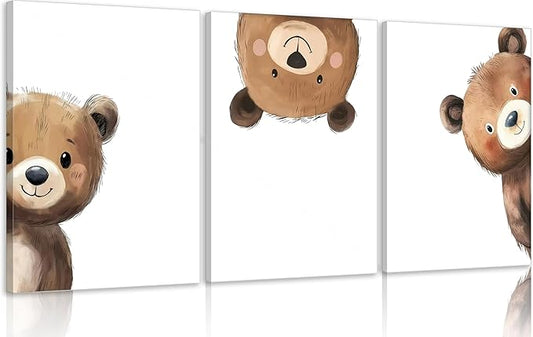 3Pcs Baby Teddy Bear Nursery Wall Art Peeking Bear Pictures Wall Decor Peekaboo Kids Room Decor Woodland Animal Posters Neutral Nursery Painting Canvas Print Artwork for Children's Baby Room Bedroom