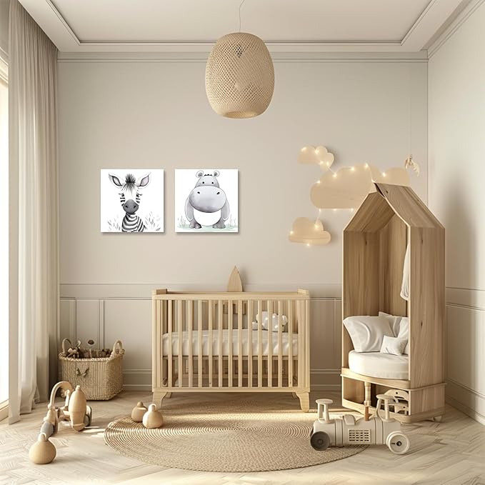 Baby Animal Framed Canvas Wall Art Set of 2 - Cute Baby Zebra Hippo Paintings Pictures Nursery Decor Wild Animals Posters Prints for Living Room Kids Room Decor(Artwork-01, 16"x16"x2P)