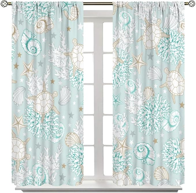 Nautical Curtains,Seagorses Coral Starfish Reef Seashell Beach Sea Seashell Pattern Blackout Print Home Bedroom Living Room Window Treatmen 2 Panel Set 42x45 Inch