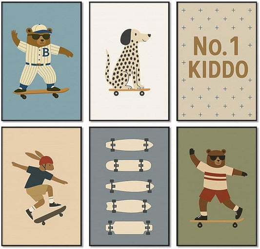 Skateboard Canvas Wall Art, Nursery Animal Sports Posters, Fashion Sunglasses Bear Athletes Pictures, No.1 Kiddo Inspirational Quote Print, Funny Skateboard Rabbit Dog Painting 8x12in Unframed