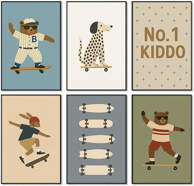 Skateboard Canvas Wall Art, Nursery Animal Sports Posters, Fashion Sunglasses Bear Athletes Pictures, No.1 Kiddo Inspirational Quote Print, Funny Skateboard Rabbit Dog Painting 12x16in Unframed