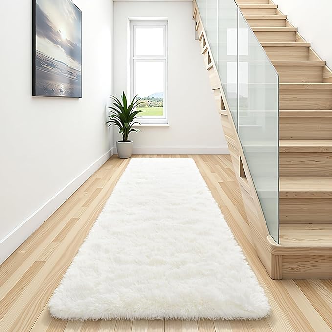 BENRON Soft Runner Rugs for Bedroom 2x8, Washable Long Runners for Hallway Entryway Kitchen Dorm, Fluffy Throw Rug for Kids Girls Room Decor Photo Prop, Cream White