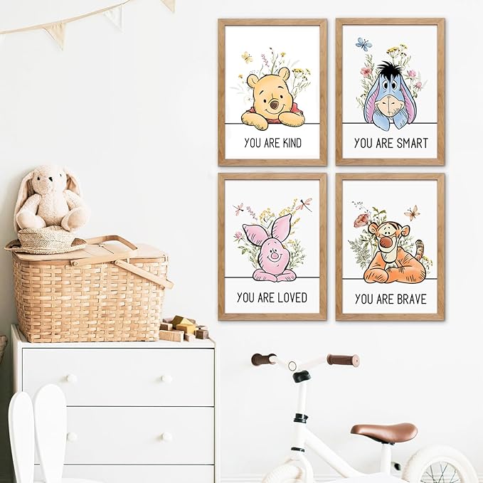 Cute Winnie the Pooh Quote Framed Wall Art Set of 4, Boho Educational You are Brave Strong Smart Kind Wooden Saying Sign for Baby Girl Kid Boy Toddlers, Preschool Inspirational Nursery Wall Decor