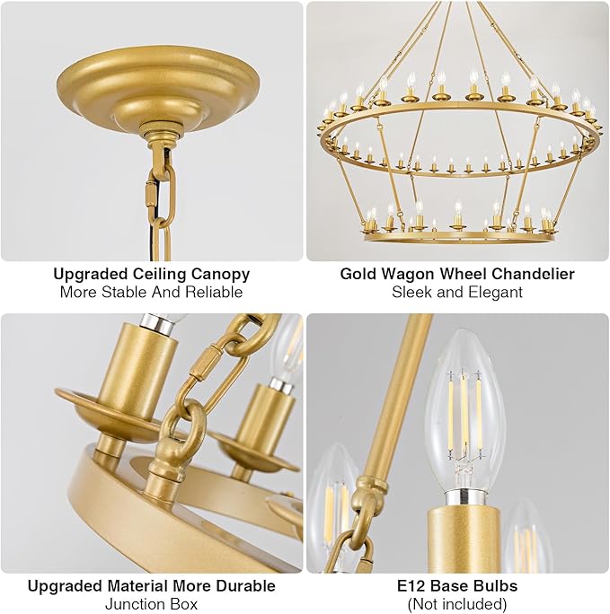 Wagon Wheel Chandelier, 2-Tier 54-Light Gold Large Modern Farmhouse Chandelier with Adjustable Height Island Light Fixture for High Ceiling Dining Room, Kitchen, Living Room, Entryways, Foyer