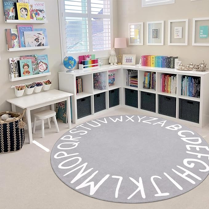 LIVEBOX ABC Play Room Round Rug for Kids Bedroom, Alphabet Area Rug Circle Washable Rug for Playroom Classroom Tent, Non-Slip Crawling Mat Circular Learning Carpet for Teen Boys and Girls (59",Grey)