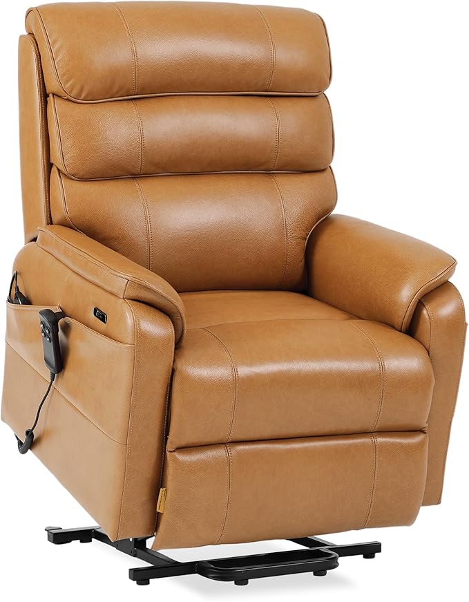 DYNOX 400 LBS Big & Tall Power Lift Recliner Chair for Elderly, Oversized Wide Dual Motor Lay Flat Infinite Positions Recliner with Heat, Massage & USB Charging Port (9298W,Genuine Leather,Camel)