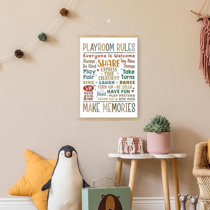 Qswo Playroom Rules Wall Art Poster Hanger Frame,Play Room Hanging Canvas Wall Decor for Kids Nursery School